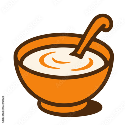 Vector illustration of bowl with porridge or soup and spoon, cozy food concept