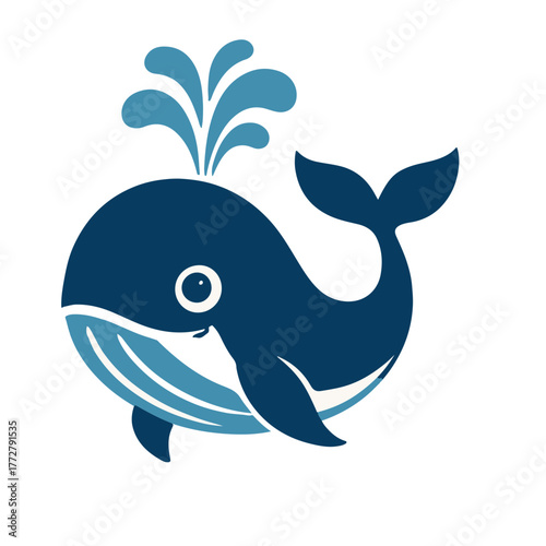 Cute vector illustration of whale spouting water, marine animal design