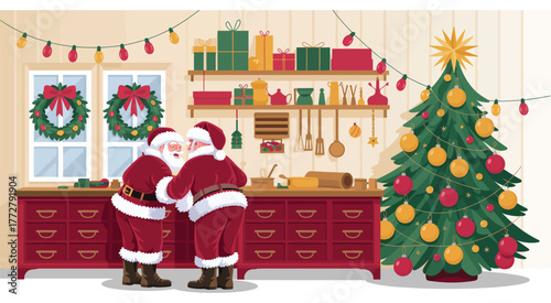 Christmas kitchen scene featuring santa, wrapped presents, decorated tree, holiday wreaths, cozy home interior, and seasonal decorations for christmas celebration
