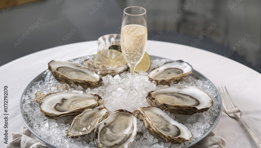 Fototapeta premium Chilled prosecco paired with freshly shucked oysters on display