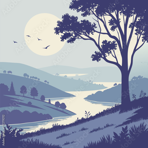 Tranquil riverside landscape with a majestic tree and birds illustration