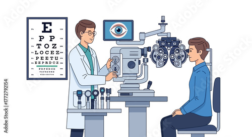 An ophthalmologist performs a comprehensive eye exam on a male patient using a phoropter and slit lamp in a modern clinic setting
