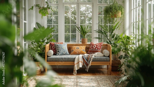 Serene bohemian sunroom wit...
