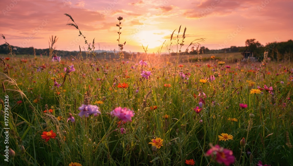 Obraz premium Stunning wild grass field glowing under the evening sky. Vibrant rural landscape captured in gentle lighting.