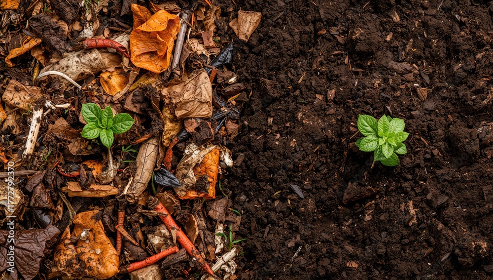 Fototapeta premium Composted soil integrates decaying food scraps and organic waste, enhancing soil quality for gardening