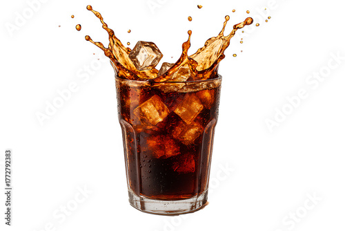 Refreshing Cola Splash with Ice Cubes on Transparent Background