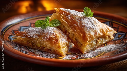 A golden layered Pastilla with nut filling, powdered sugar, and mint on an ethnic patterned plate against a dark wooden table with warm bokeh lights.
