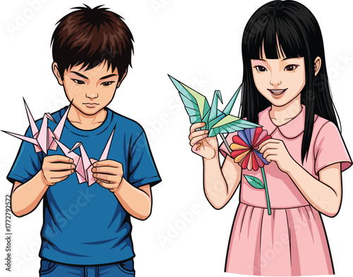 Children holding origami cranes, paper flower art, creative kids, colorful handmade crafts, indoor activity, learning, fun, cultural expression, patience