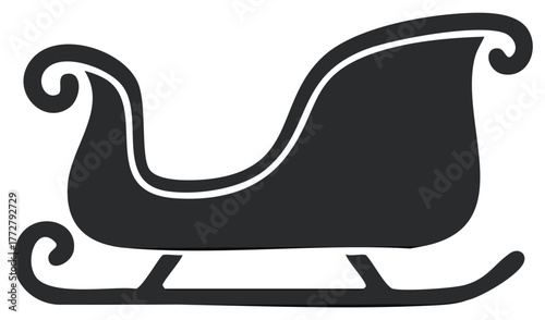 Isolated image of a dark grey sleigh, a stylized winter holiday conveyance with curved runners and scrolled details