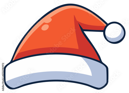 Red Santa hat cartoon illustration for Christmas holiday celebration. Simple festive winter cap icon.