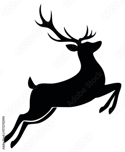 Dynamic black silhouette of a leaping stag with large antlers, a Christmas reindeer icon