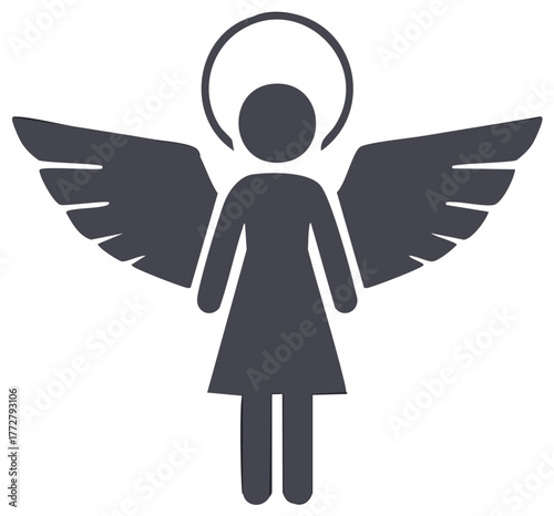 Female angel silhouette icon with wings and halo. Religious symbol of faith, spirituality, and heaven.
