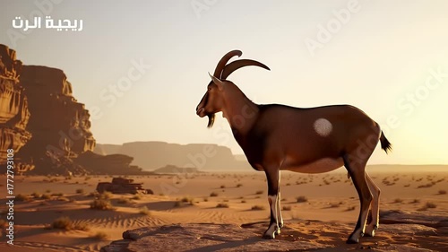 Standing Desert Ibex Animal in Arid Landscape Golden Hour