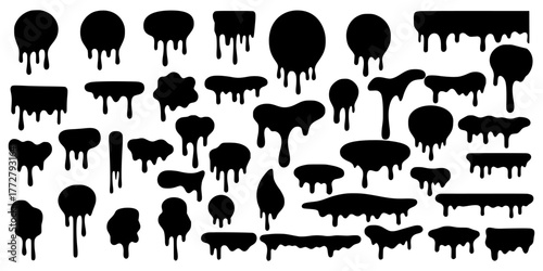 High-quality vector collection of dripping paint silhouettes in bold black style,  featuring 40 unique drip, splatter, and splash shapes with smooth flowing edges