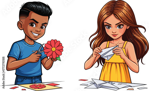 Children making paper crafts, origami and flower art, creative kids, colorful paper, scissors, indoor activity, learning, fun, handmade expression