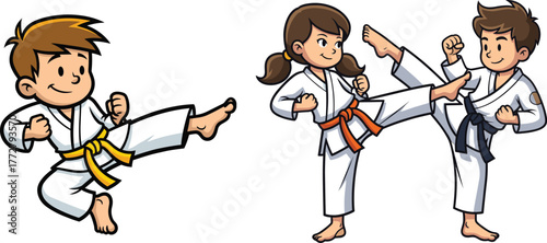 Karate kids vector, martial arts illustration, cartoon characters training, karate gi outfit, belt levels, action pose, sparring scene
