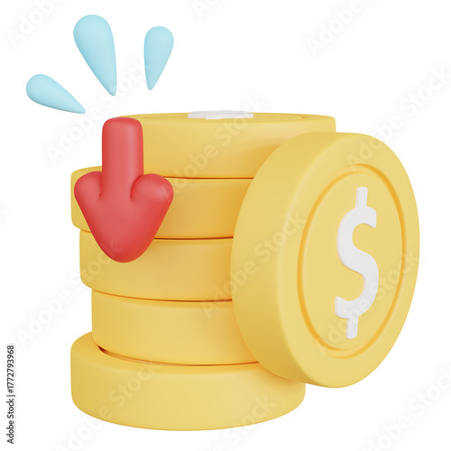 Stack of coin with arrow pointing Down.
