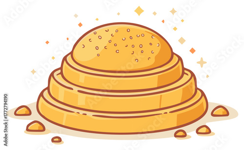 Layered golden pastry with scattered crumbs and sparkling highlights