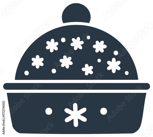 Winter hat with flower patterns. Woolen cap design. Seasonal headwear graphic icon. Warm knitted beanie illustration.