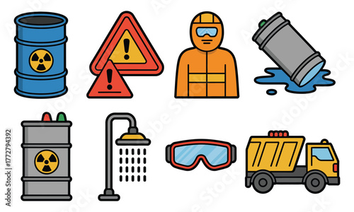 Hazardous material safety icons collection featuring chemical barrel, warning symbols, protective gear, neutralization tank, spill containment, safety goggles, and emergency shower equipment