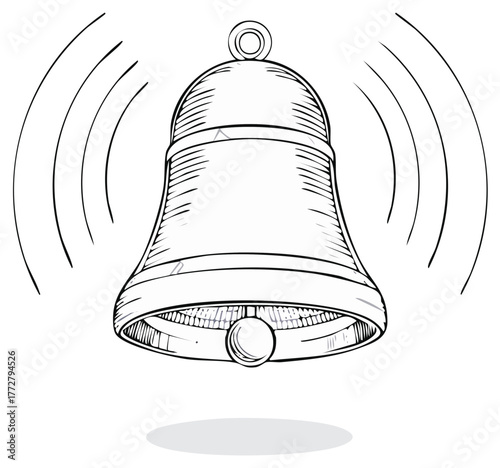 Ringing bell illustration with sound waves depicting announcement, alert or alarm in sketch style