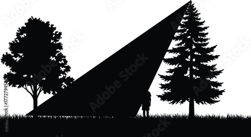 Silhouette family hiking outdoors, father with backpack and children standing on grass, dramatic light beam background, deciduous and coniferous trees, nature adventure,