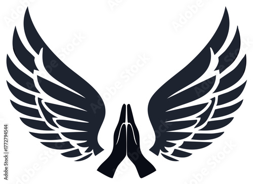 Winged Hands in Prayer, Vector Design, Religious Symbol, Angel Wings, Faith and Hope Icon, Protection Graphic