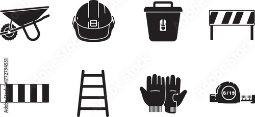 Collection of Construction Site Tools and Safety Equipment Icons Representing Building Work and Repair Activities