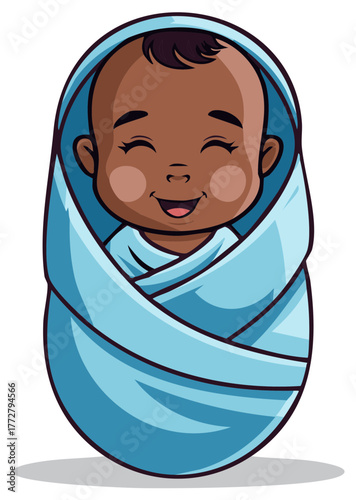 Infant Wrapped in Blue Swaddling Clothes Smiling Joyfully Illustration