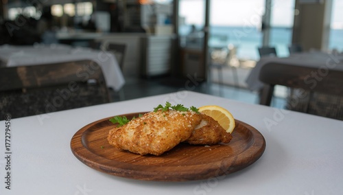 Fried fish served on a wood...
