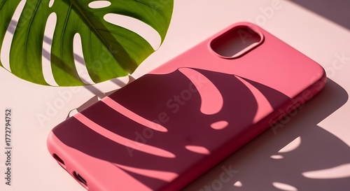 Pink Cell Phone Case with Leaf Shadow: Phone Protection Still Life