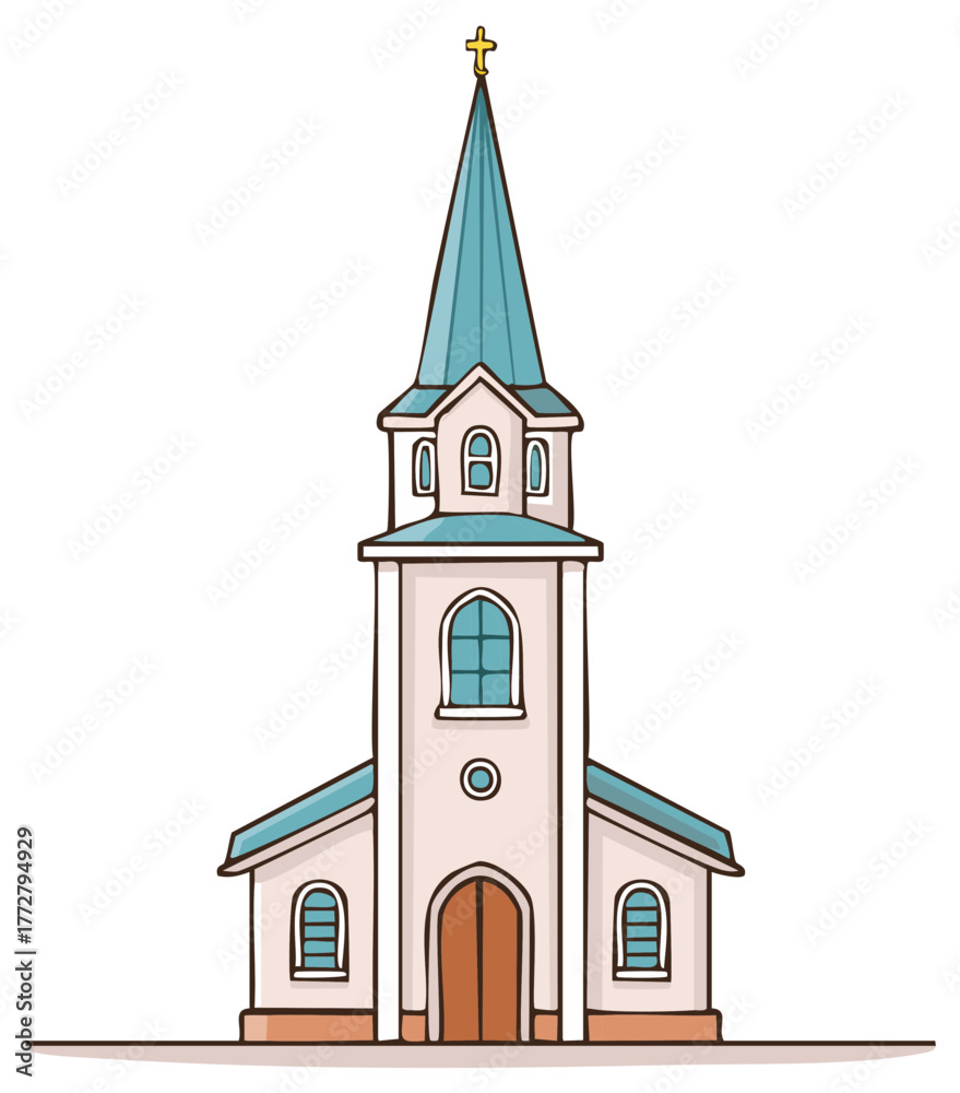 Fototapeta premium Cartoon church building with a tall steeple, cross, arched doors and windows.