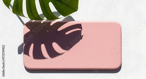 Minimal Pink Cell Phone Case and Leaf Shadow: Tech Still Life