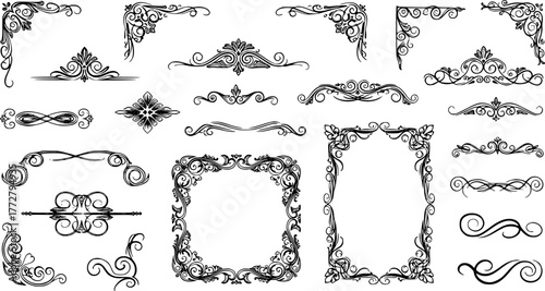 Calligraphic dividers. Decorative retro page divider borders, wedding calligraphic frame and ornamental swirls floral frames. Elegant royal ornamentation vintage vector isolated icons set
