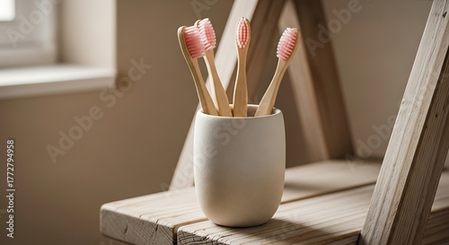Bamboo Toothbrushes in Ceramic Holder on Shelf: Sustainable Living