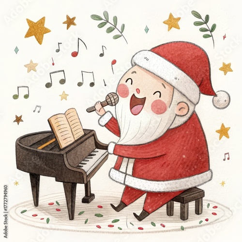 Childlike Holiday Drawing – Piano, Santa, Song, Uneven Lines, Red Green Gold Palette