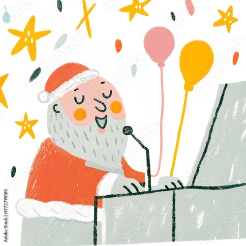 Festive Child Art – Santa at Christmas Piano, Simple Outlines, Bright Holiday Colors