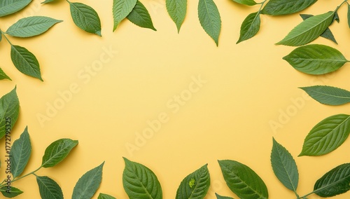 Creative Arrangement of Green Foliage on a Yellow Backdrop, Ideal for Text Layout
