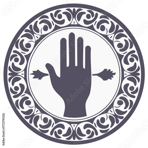 Vector icon of a protective hand pierced by a leaf arrow within an ornate medallion
