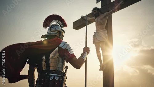 Roman soldier with spear watching Jesus on cross during ancient biblical times, christianity concept video