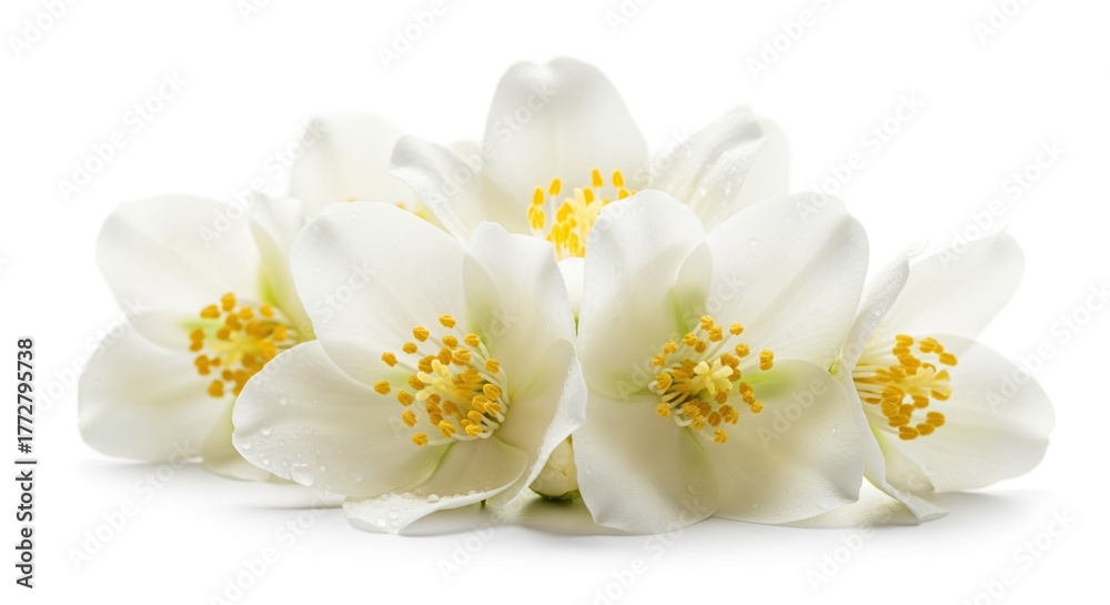 Obraz premium Delicate cluster of white jasmine flowers. Close-up, showcasing soft petals and vibrant yellow centers
