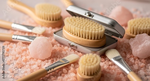 Brush Set in Silver Box: Spa Collection, Natural Bristles and Pink Himalayan Salt