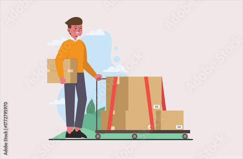 Delivery Worker with Boxes on Cart – Logistics and Shipping Flat Design Illustration