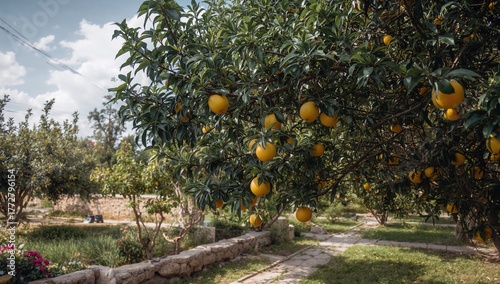 Citrus fruits hanging on tr...