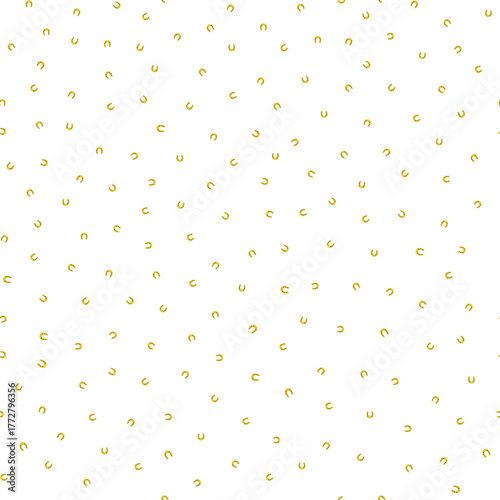 Ditzy gold horseshoes seamless vector pattern background. Tiny Irish lucky charms symbols tossed on white backdrop. Saint Patrick day celebration design for web, packaging.