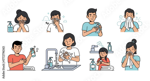 A collection of flat vector illustrations depicting people practicing personal hygiene and disease prevention methods like hand washing and covering coughs