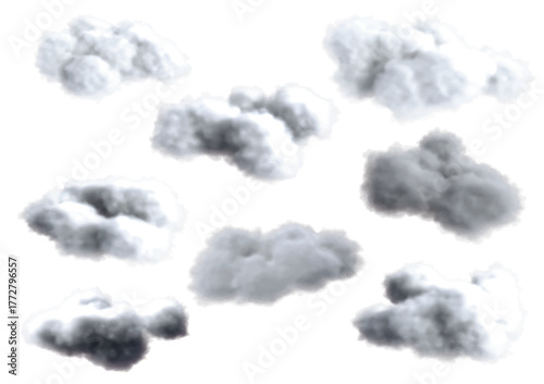Photorealistic eight kinds clouds as isolated vector objects created by 3D modeling. clouds vector asset.