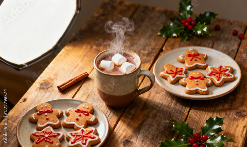 Festive Gingerbread Spread with Steaming Hot Chocolate