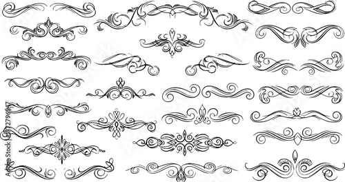 Calligraphic dividers. Decorative retro page divider borders, wedding calligraphic frame and ornamental swirls floral frames. Elegant royal ornamentation vintage vector isolated icons set