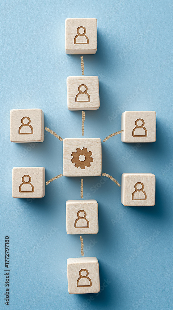 Naklejka premium Workflow Management, Team Coordination and Organizational Structure Concept with Gear and Person Icons, Business Process Integration and Collaborative Solutions, vertical bg